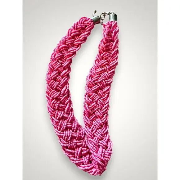 Vintage Salmon Pink Seed Bead Braided Multi Strand Chunky Statement Necklace 18" - Picture 5 of 7